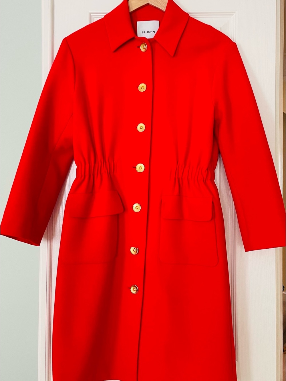 St. John Red Coat Gold Button Waist Detail Luxury
